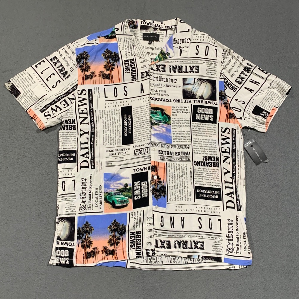 No Boundaries Newspaper Print Shirt Mens XL Short Sleeve Los Angeles Retro NWT